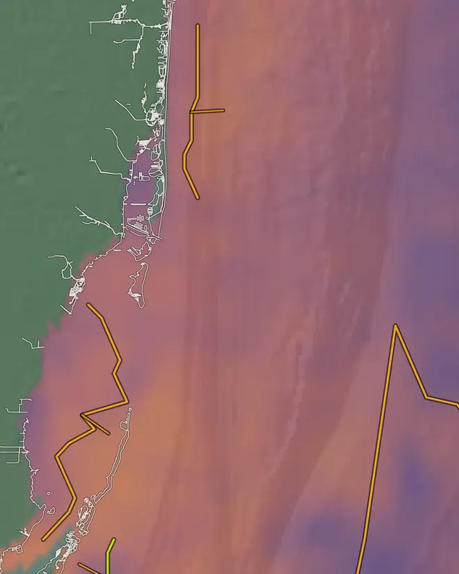 The Anglrithm chart off Miami, captured Wed Oct 14: satellite water temperature in colour with the detected temperature breaks drawn as lines